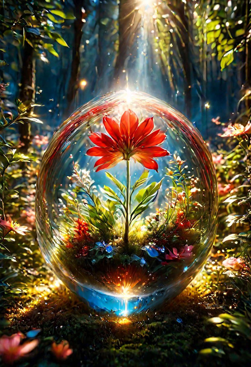 ((a scarlet flower glows in the mountains, magical light)), blur, white flower, butterfly, depth of field, ((night))
