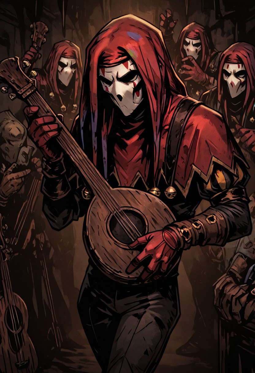 masterpiece, best quality, newest, absurdres, highres, TTCSV1.0,
((solo, solo focus)) 
1boy, DDjester-V1.1, black pants, gloves, mask, red gloves, red headwaer, instrument,