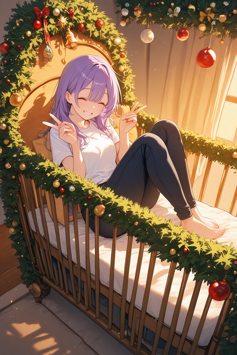 realistic shading, natural lighting, dacrib, christmas-crib focus, dacrib_christmas ornaments, in crib, purple hair, closed eyes, 1girl, happy, smiling, shiny skin, full body, double v, sitting, barefoot, shirt, pants, dutch angle, dynamic angle, intricately detailed illustration, masterpiece, best quality, amazing quality, very aesthetic, absurdres, newest