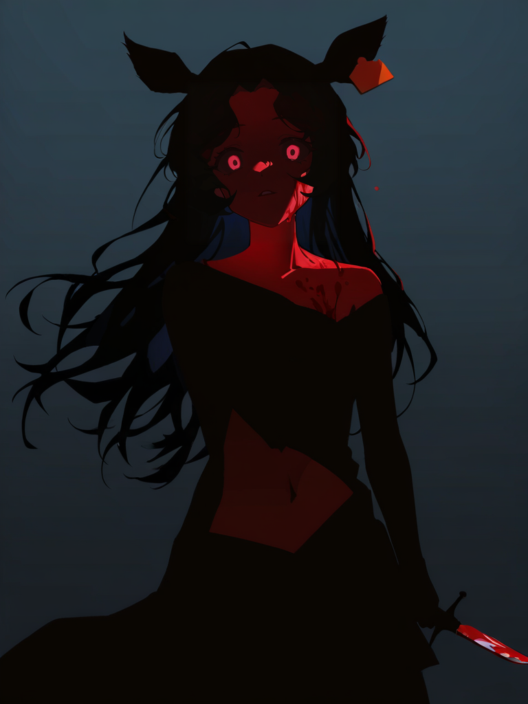 1girl,cowboy shot,jessica\\(reverse:1999\\),navel,looking at viewer,solo,simple background,,(deer girl:1.1),blood on face,yandere,shaded_face,holding,holding_dagger,night,intense shadows,strong rim light,<lora:jessica-000012>, masterpiece, best quality, very aesthetic, absurdres