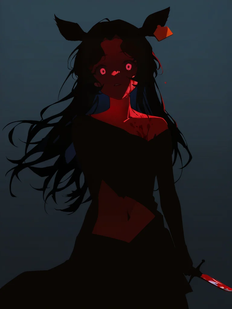 1girl,cowboy shot,jessica\\(reverse:1999\\),navel,looking at viewer,solo,simple background,,(deer girl:1.1),blood on face,yandere,shaded_face,holding,holding_dagger,night,intense shadows,strong rim light,<lora:jessica-000012>, masterpiece, best quality, very aesthetic, absurdres