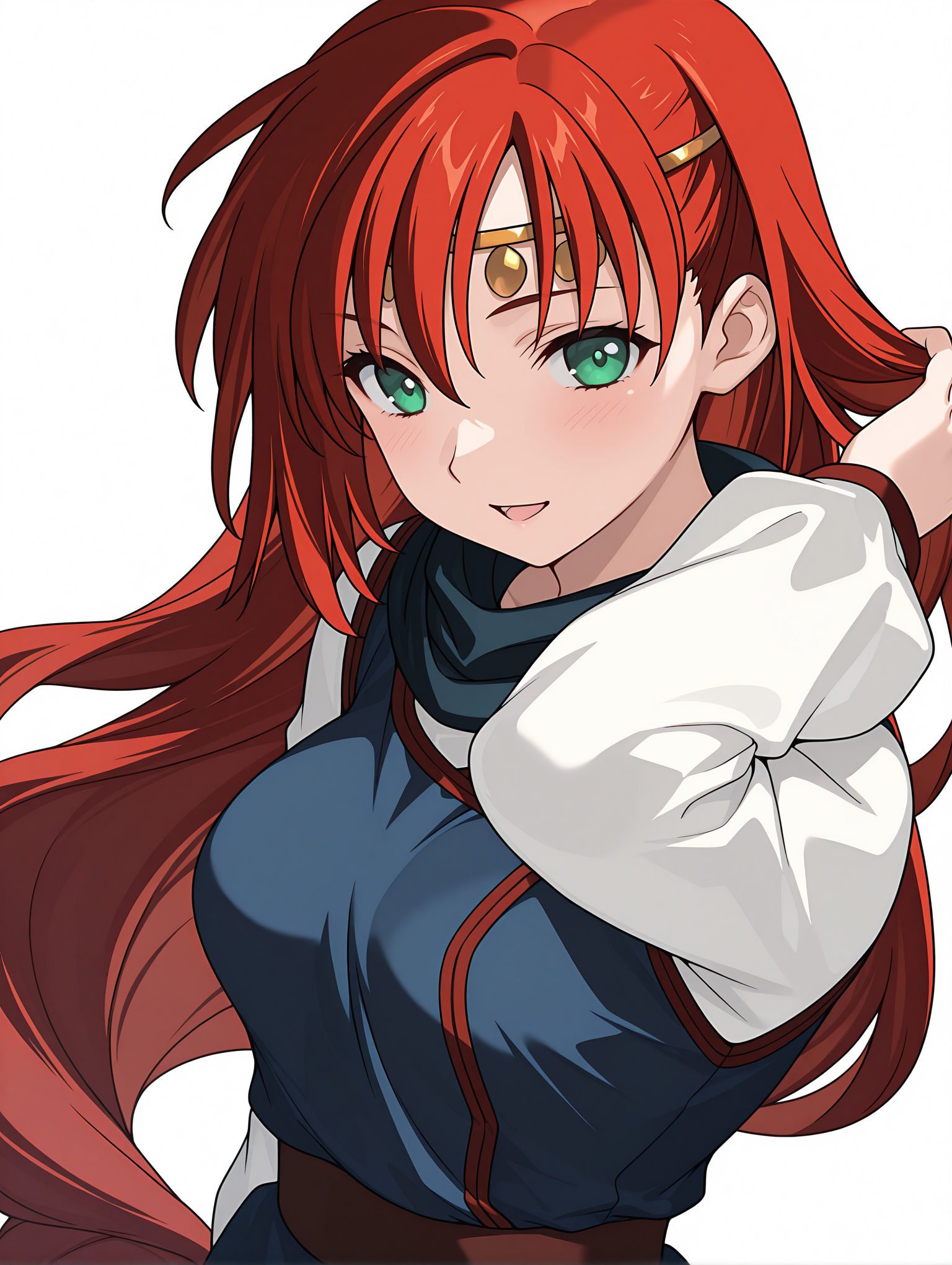 masterpiece,best quality,newest,1girl,solo,
<lora:elenoa_ilxl_v3.1:1>,elenoa,red hair,very long hair,green eyes,e_circlet,e_02clothes,long_sleeves,white sleeves,blue clothes,
<lora:Fixhands_anime_bdsqlsz_V1:1>,light_blush,white_background,simple background,standing,(face_focus:1.2),looking_at_viewer,smile,:o,dynamic_angle,upper_body,profile,hand_in_hair,