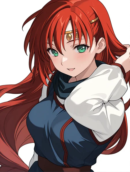 masterpiece,best quality,newest,1girl,solo,
<lora:elenoa_ilxl_v3.1:1>,elenoa,red hair,very long hair,green eyes,e_circlet,e_02clothes,long_sleeves,white sleeves,blue clothes,
<lora:Fixhands_anime_bdsqlsz_V1:1>,light_blush,white_background,simple background,standing,(face_focus:1.2),looking_at_viewer,smile,:o,dynamic_angle,upper_body,profile,hand_in_hair,