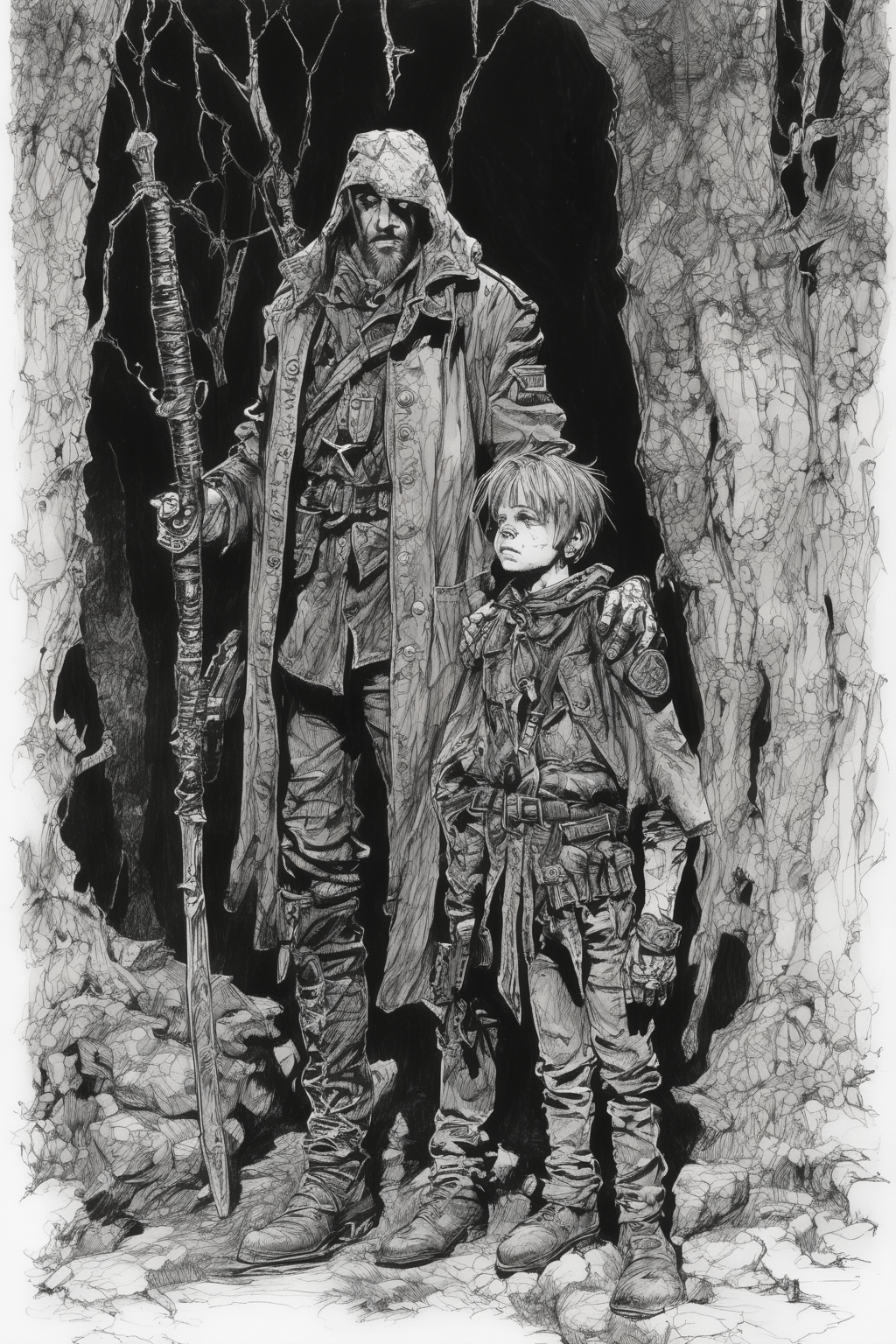John Blanche Style - messy pen and ink of a child warlock and their adult soldier thugs in a Grimdark fantasy setting inq28 in the style of John Blanche