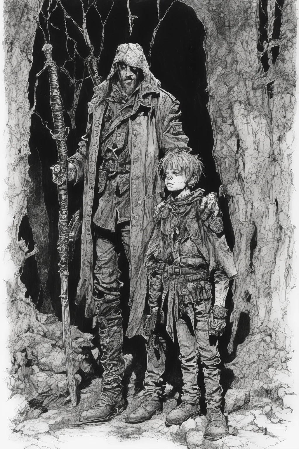 John Blanche Style - messy pen and ink of a child warlock and their adult soldier thugs in a Grimdark fantasy setting inq28 in the style of John Blanche