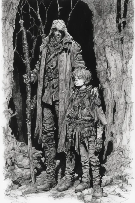 John Blanche Style - messy pen and ink of a child warlock and their adult soldier thugs in a Grimdark fantasy setting inq28 in the style of John Blanche