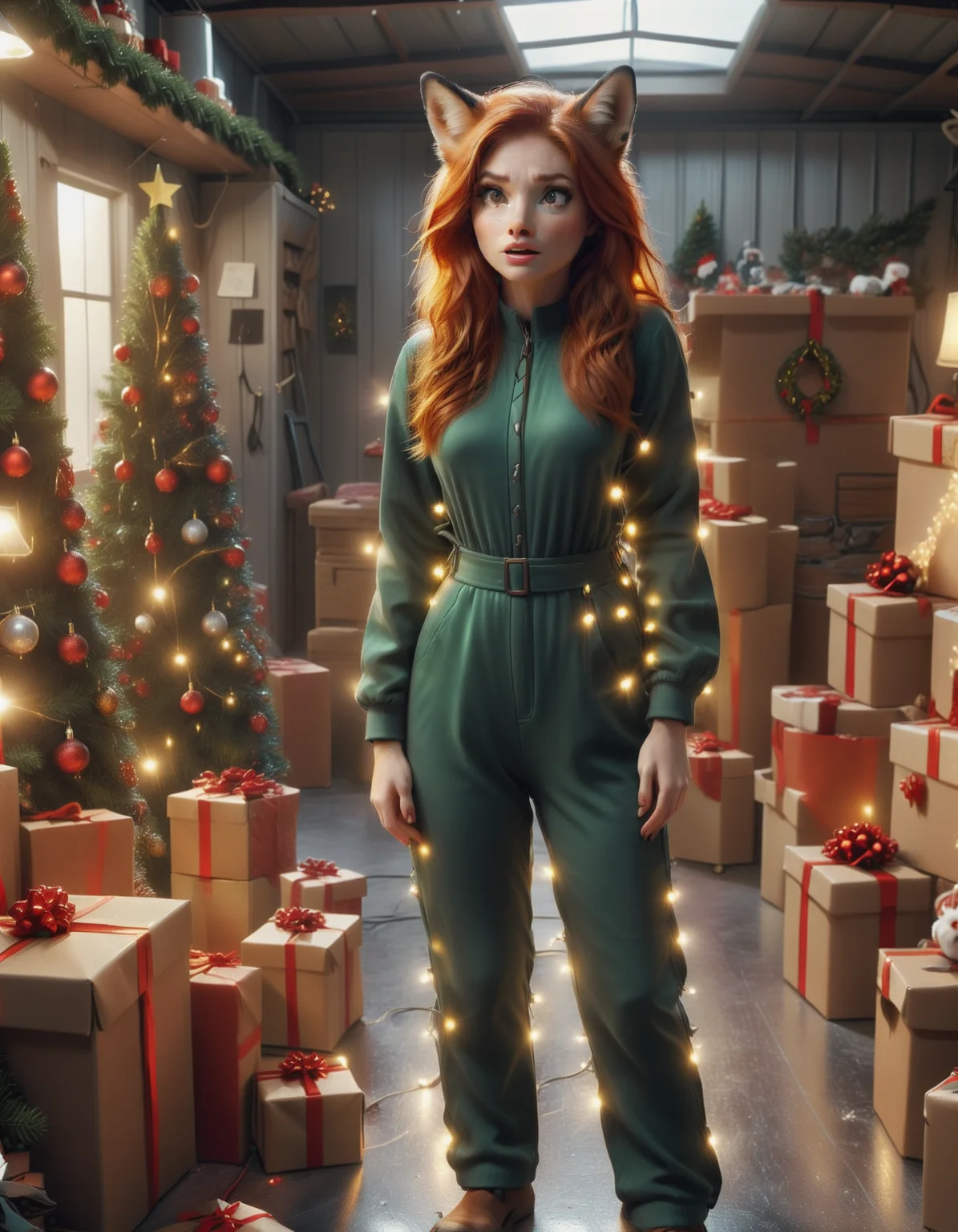 instant christmas,  a redhead fox woman standing in her garage, wearing a jumpsuit, shocked, afraid facial expression, looking off in the distance