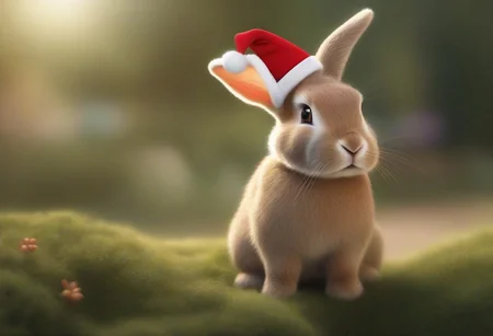 A happy cute, bunny, (wearing a Christmas hat), Adorable, heart warming, cheerful, detailed, bright colours, friendly expression, small size, shiny, eco-friendly, garden, environmental, sunlight, shadows, digital art, whimsical, playful, intricate details, high resolution, photorealistic, joyful atmosphere, gentle, soft lighting, cartoonish style, enchanting, vivid, appealing, character design, imaginative, family-friendly, [photography, realistic, photorealistic, (8k), (highly detailed), cinematic lighting, intricate details, (high resolution), award-winning,   correct focus, realistic, realistic lighting, (highly detailed),  masterpiece], ((Cinematic Still-Shot))