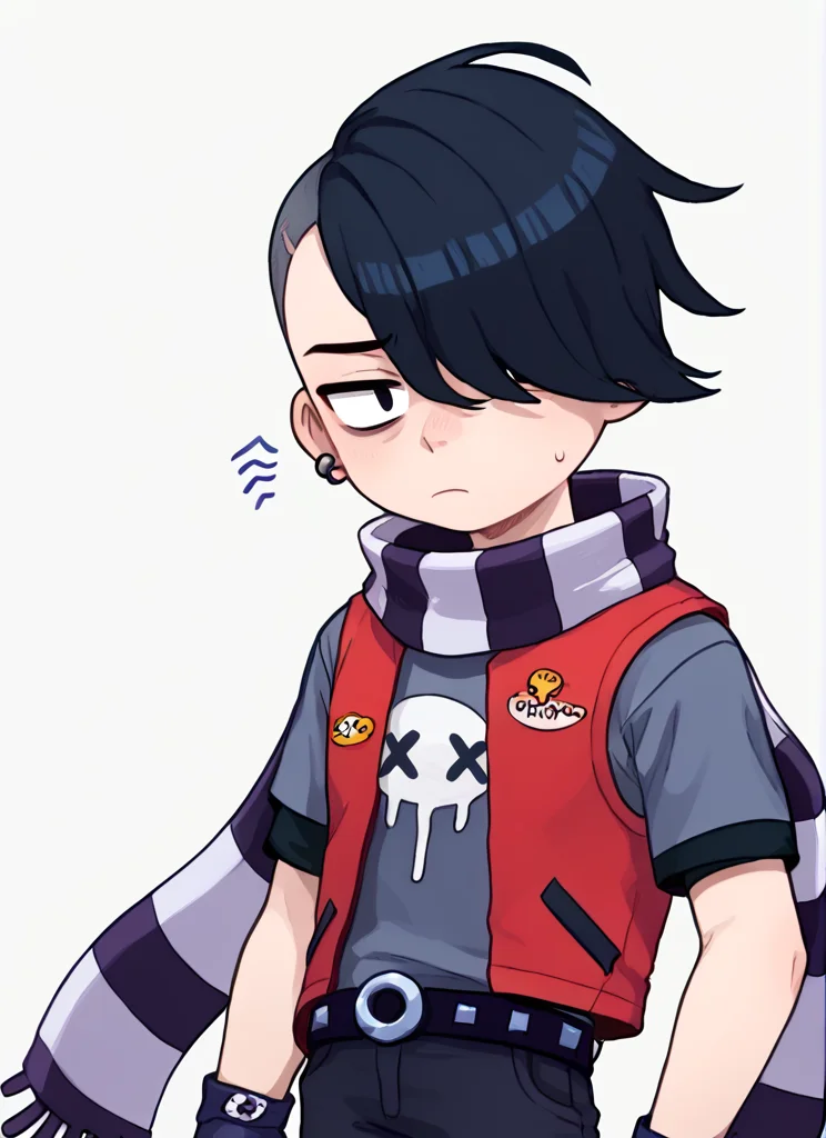 score_9, score_8_up, score_7_up, <lora:bsedgar:1>bsedgar , 1boy ,red vest , short hair , black hair, hair over one eye, ear piercing, solo,striped scarf grey shirt, short sleeves, belt , black pants ,black gloves, fingerless gloves, black nails, <lora:PossumMachine:1>posmach , confused, looking at viewer, , ??? , simple background, ??,