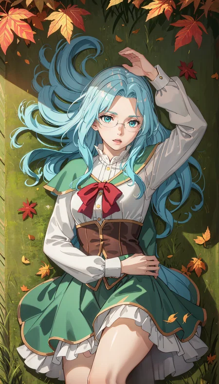 photorealistic, (4k), depth of field, (Masterpiece), (realistic skin texture), extremely detailed, intricate, hyper detailed, professional photography, bokeh, high resolution, sharp detail, best quality, woman, long hair, aqua hair, aqua eyes, round glasses, green shoulder cape, red ribbon, blouse, corset, long dress, <lora:GoodHands-vanilla:0.4>, <lora:detail_slider_v4:0.8> , dynamic pose, (lying against the ground, hand on head), <lora:Eva Aensland-000004:0.7> , fall colors, forest, leaves, wind,
