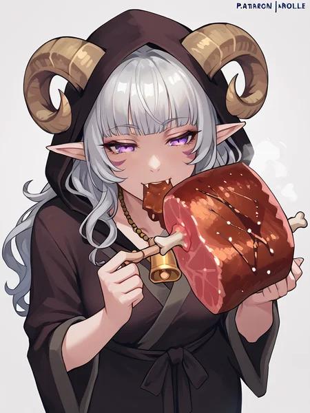 <lora:boned_meat_manga_meat:1> boned_meat, holding_food, fangs, holding boned_meat, steam on meat, eating,
source_furry, score_7_up, rating_safe, cowboy shot, gold necklace, tiefing, short pointed ears,brown horns, (a pair of brown sheep Horns that begin at her temples and curve back: 1.5), bangs,long silver hair long wavy hair, pale skin,<lora:whisker_markings:0.8> whisker_markings:1.4 , pointy ears, purple eyes:1.2, <lora:age_slider_v4:0.6> medium breasts, skinny female, close up, silver hair, <lora:Tieflingnew weird fantasyDND:0.3> Tiefling, pointed ears, horns, from above, half-closed eyes:1.5,<lora:Smooth Style 2 SDXL_LoRA_Pony Diffusion V6 XL:0.5> shepherd's crook, bell, robe, hood off, <lora:Nanoless_Artist_Style_PonyXL:0.3>