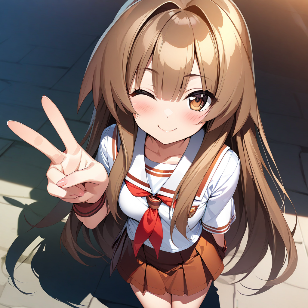 (masterpiece),(best quality),(ultra-detailed),(best illustration),(best shadow),(absurdres),(detailed background),(very aesthetic), seto_sun, 1girl, solo, one eye closed, long hair, school uniform, brown hair, smile, brown eyes, serafuku, v, skirt, blush, looking at viewer, <lora:XL-SetoSun:1>
