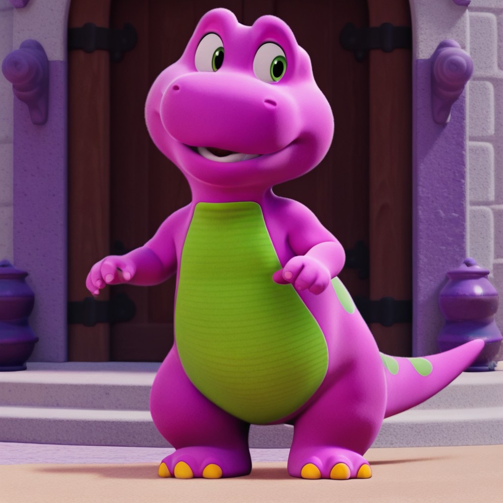 masterpiece, best quality, amazing quality, Barneybwil, semi-anthro, male, dinosaur, purple skin, green eyes, standing, outside, solo, , <lora:f138318d-2aa9-4998-b71f-0473cb67b2ed:1.0>