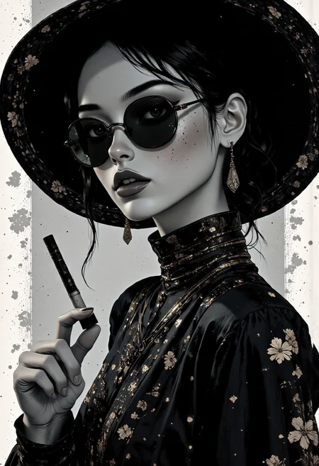 Close-up portrait of a stylish 1920s elegant young woman in monochrome, featuring round black glasses with a classic design, an aigrette hat adding a vintage touch, and natural freckles adorning her face. Her hair is loosely tied with soft strands framing her face, complementing her piercing gaze. A long ebony cigarette holder with a lit smoking cigarette is subtly held between her slightly parted lips, adding a seductive vibe. Her entire appearance reflects a touch of feminism, blending elegance with a bold social statement. The overall tone is sleek and detailed, highlighting the interplay of light and shadow in a black-and-white aesthetic. 