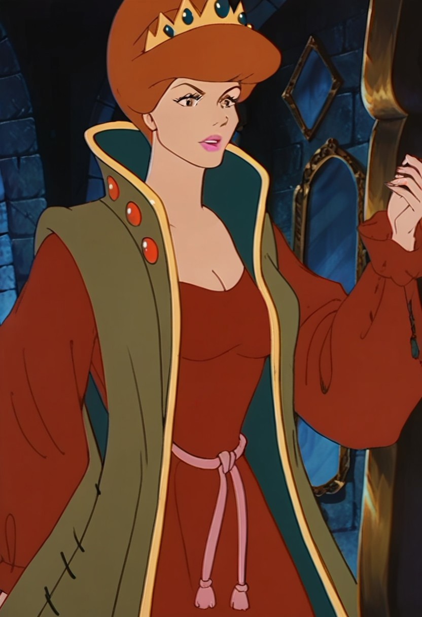 score_9_up, score_8_up, score_7_up, source_cartoon, rating_safe 
JetLagEvilQueen, brown hair, orange hair, lips, lipstick, makeup, brown eyes, breasts, medium breasts, 1girl, crown, short hair, long sleeves,  dress, red dress, cleavage, robe vest, puffy sleeves, solo