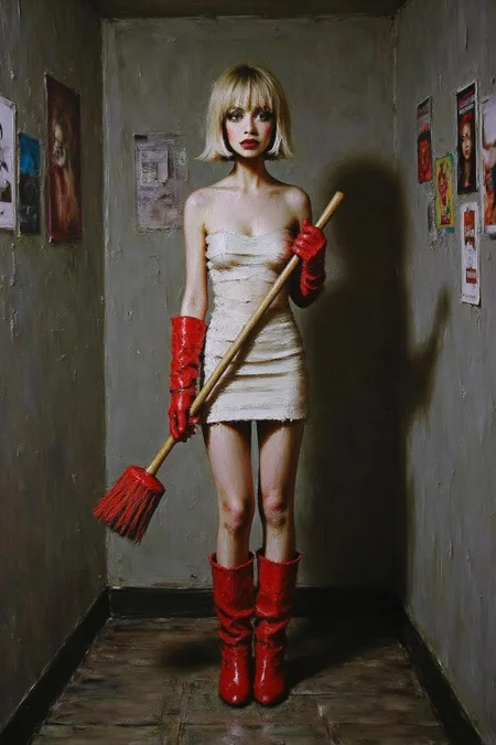 talo1 painting.
A slim Swedish woman stands confidently in a small, dingy restroom. She platinum blonde bob haircut and a fringe bangs. She is wrapped in rolls of white bandages like a mini dress, and wear bright red rubber gloves and matching boots. She holds a large toilet brush with a playful smile, juxtaposing glamour with an unexpected setting. The surrounding walls, adorned with worn posters, add a gritty, urban edge to the surreal, fashion-forward scene. <lora:talo1_cap_d6a3e15:1.0><lora:828773640091851729:0>