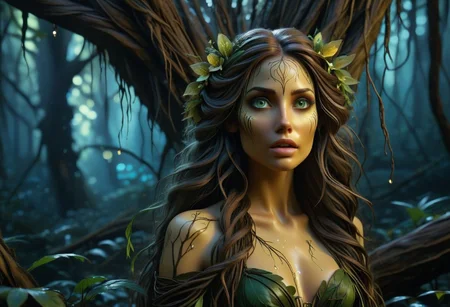 A picture of a beautiful Forest Nymph, her hair made of tree branches, long and hang down like the Weeping Willow, her skin resembles the texture of tree bark, she has Ivy vines to cover her Un-mentions, beautiful facial features, bright green almond shaped eyes, she is leaning her head  agents a dyeing tree, she is hugging the tree, starring at the camera, the Butter Tree yellow butter is dripping on the ground, peaking out of the forest is a Grim Reaper in the background, in the mid-ground is a dark bio-luminescent fairy forest with glowing mushrooms, Background concept for the movie “Avatar”, bioluminescent forest, alien planet, beautiful landscape, alien plants, Focused lights, whimsical fairytale, psychedelic trip, sharp focus on subject, 3D effect in the background, realizume,