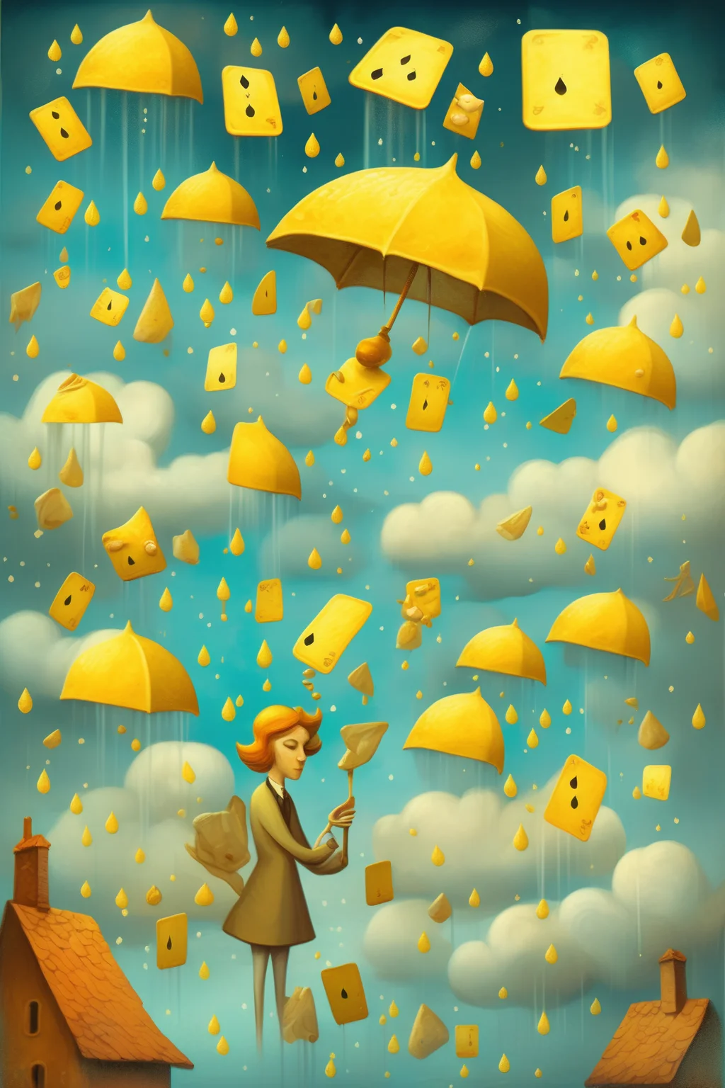 <lora:Dixit Card Generator:1>Dixit Card Generator - A cloud raining showers of lemondrops and toffee bits A surreal, dreamlike illustration in the style of Dixit card game