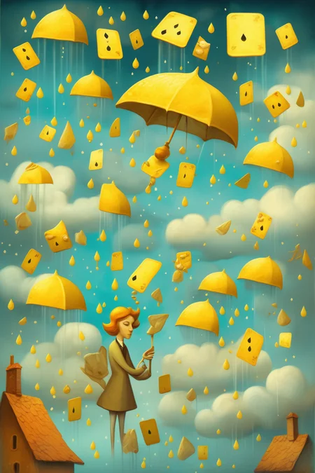 <lora:Dixit Card Generator:1>Dixit Card Generator - A cloud raining showers of lemondrops and toffee bits A surreal, dreamlike illustration in the style of Dixit card game