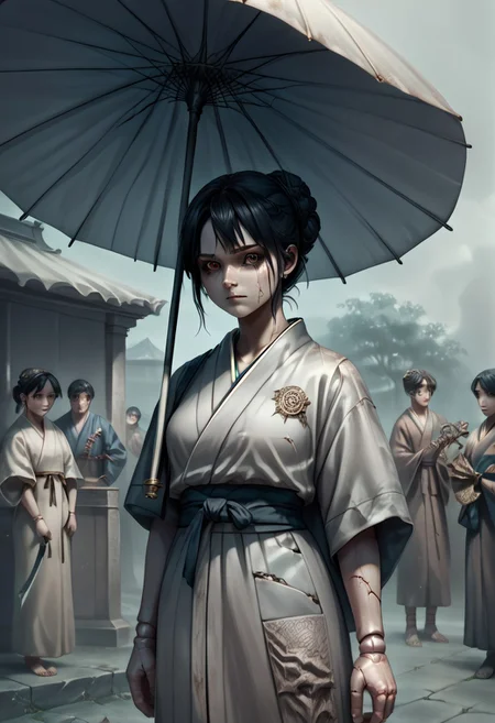 score_9, score_8_up, score_7_up, score_6_up, easynegative, masterpiece, the highest, perfecteyes, brown eyes, girl, kimono ,black hair, scythe,umbrella in hand,jewelry,geisha , fear, facial cracks,tears,porcelain body,doll,doll joints