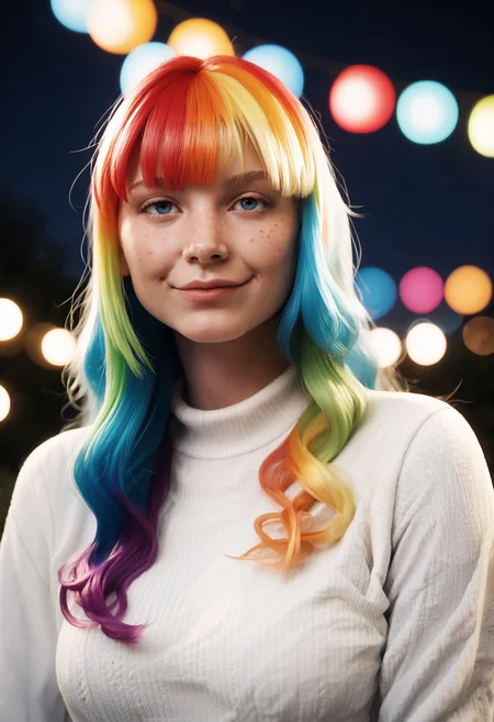 (zPDXL3) beautiful girl with vivid (rainbow dye, colored hair:1.3), smile, long hair, very long hair, (wavy hair:0.9), bangs, at a carnival at night, wearing a white sweater, realistic photograph, professional photographer, depth of field, bokeh