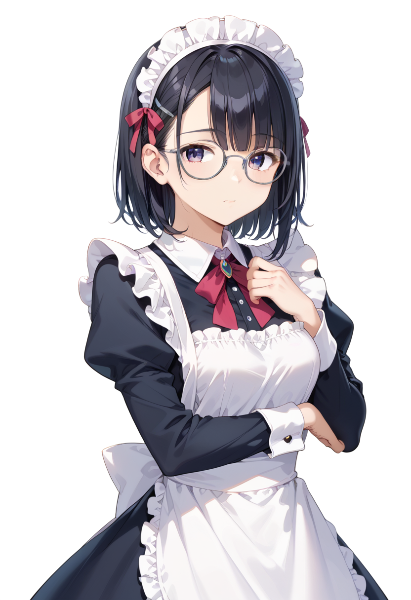 score_9, score_8_up, score_7_up, rating_safe, masterpiece, best quality, absurdres, unity 8k wallpaper, official art, official style, source_anime, uncensored, game cg, megami magazine,
1girl, solo, black hair, medium hair, upper body, covered eyes,maid, maid headdress, black dress, maid apron, face focus,
round_glasses22A, glasses, still life, white background, simple background, grey-framed eyewear,
 <lora:glasses_Round_PONY_V1:1>