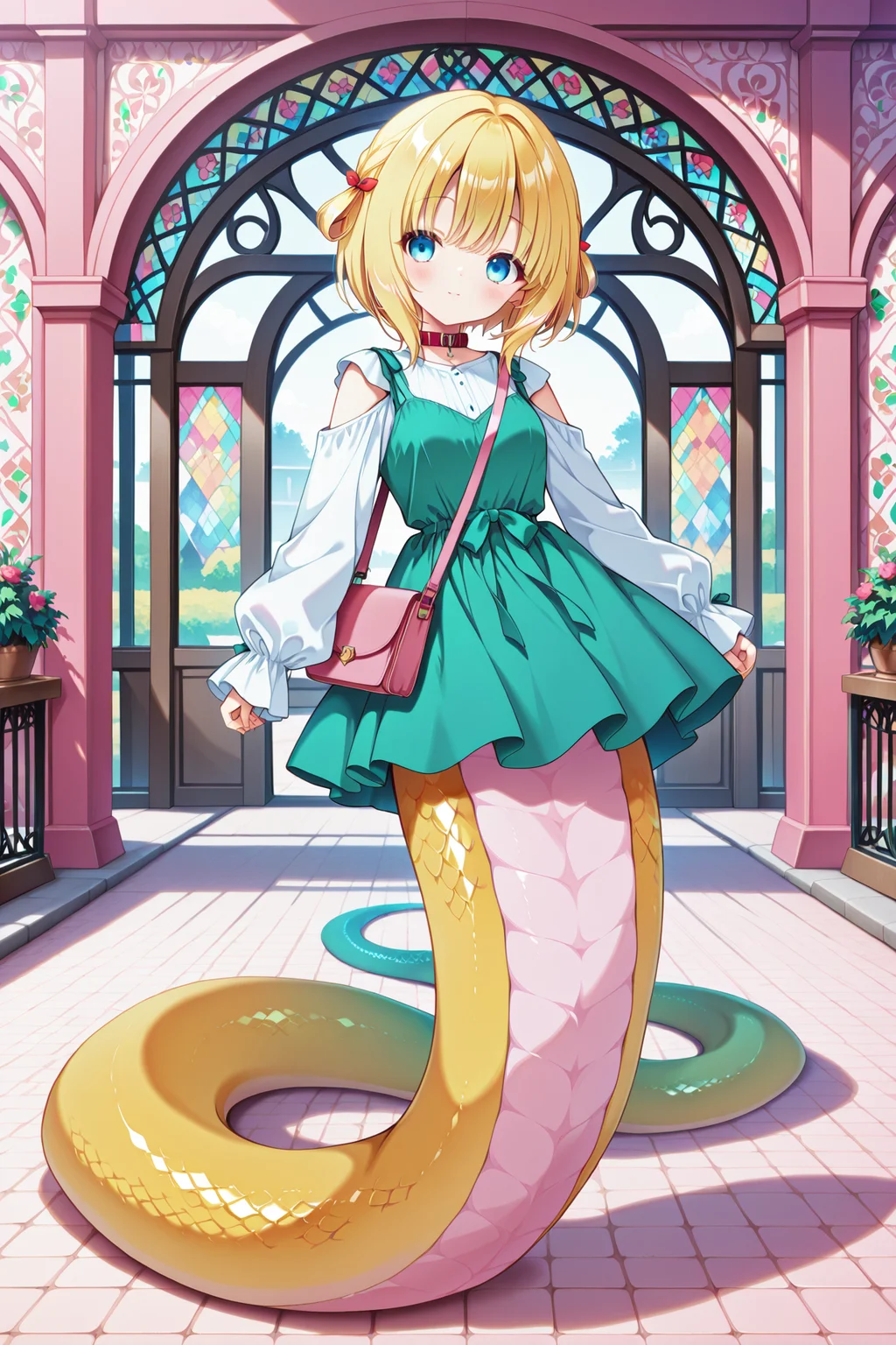 Masterpiece, ((best quality, illustration, high resolution, hyper detail, finely detailed, ultra-detailed),
Wallpaper, grand, anime, colorful, distinct, bishoujo),
detailed cute face, perfect face
BREAK
1girl, solo, full body, outdoors,
<lora:SDXL_ILv1_LoCon_lamia_dataset_WCoff_bt04_ep024_03984_1536_dim064_a008_con032_a004_LR00080_snr05_noise05_del:1>, Lamia, monster girl, scales,
<lora:Inuya_Komaru_1_nai-000042:1>, Inuya Komaru, blue eyes, short blonde hair, red collar,
hair ornament, pink shoulder bag, white shirt, shoulder cutout, detached puffy long sleeves, sleeves past wrists, green dress