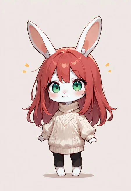 masterpiece,best quality,amazing quality, very aesthetic,
rabbit girl,furry,red hair,white rabbit ear,solo,add detailed eyes,green eyes,dressed, black roll-up sweater,happy,long hair,
chibi, solo, simple art, solid stroke,