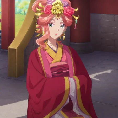Masterpiece, real anime style, good quality, excellent quality, better quality, good resolution, excellent resolution, better resolution, good details, great details, high details, excellent details, excellent lighting, excellent shadows, excellent reflections, shaders, Gyokuyou, pink hair, jade eyes, beautiful face, perfect face, perfect face, pretty face, perfect anatomy, beautiful eyes, necklace, maroon kimono, earrings, hair ornaments, hair accessories, full body, detailed background, ancient Chinese background, illuminated background