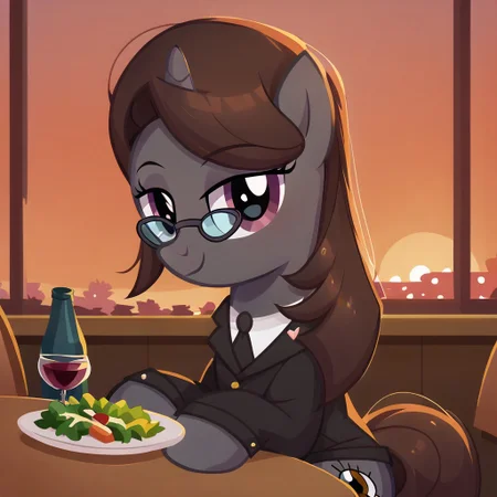 masterpiece, perfect detail, best high quality, source_pony, show accurate, cute, 1girl, female, solo, oc:sonata, glasses, attorney suit, badge on collar, pony, tail, sitting, sitting in chair, table, wine glass, wine bottle, plate, silverware on table, fork, knife, napkins, fancy restaurant, salad on plate, candles, windows, sunset, smile, closed mouth, beautiful, bedroom eyes, looking at you, facing you, sitting across from you, pov, score_9, score_8_up, score_7_up, score_6_up, score_5_up, score_4_up