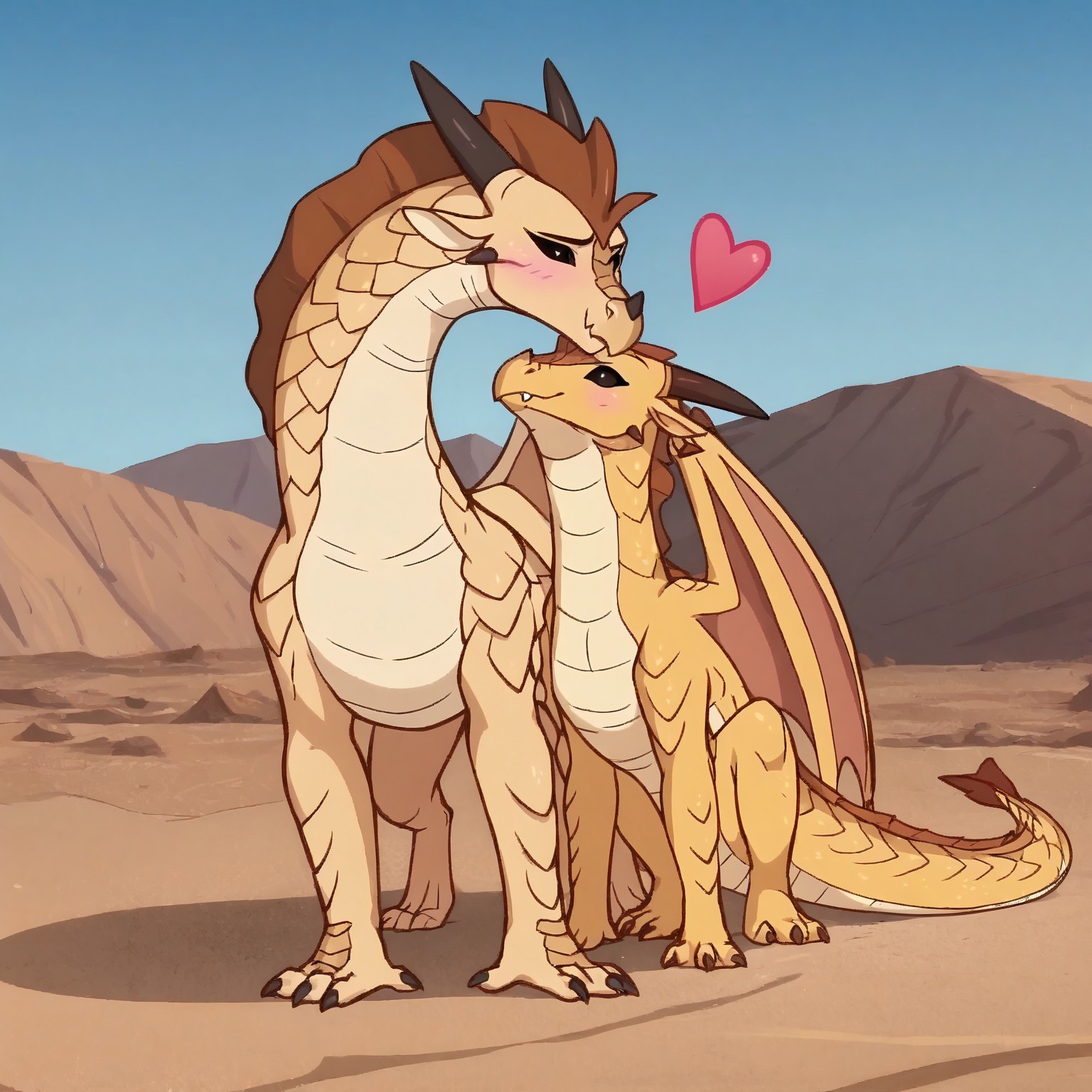 safe_pos, score_9, score_8_up, score_7_up, score_6_up, score_5_up, cartoon, anime screencap, anime coloring,, DerpixonXL,,  standing on all fours, 2girls, female, laying on ground, on belly, western dragon, 2 dragons, kissing, kiss, quadruped, desert, , Sandwing, duo, heart, love, cute fang,  yellow scales, dragon, scales, horns, black eyes, obsidian black eyes, wings, 