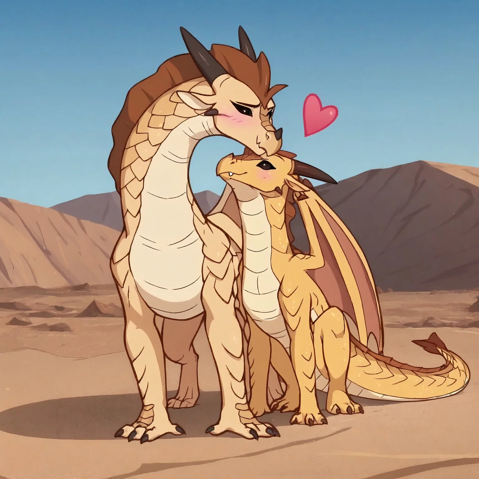 safe_pos, score_9, score_8_up, score_7_up, score_6_up, score_5_up, cartoon, anime screencap, anime coloring,, DerpixonXL,, standing on all fours, 2girls, female, laying on ground, on belly, western dragon, 2 dragons, kissing, kiss, quadruped, desert, , Sandwing, duo, heart, love, cute fang, yellow scales, dragon, scales, horns, black eyes, obsidian black eyes, wings,