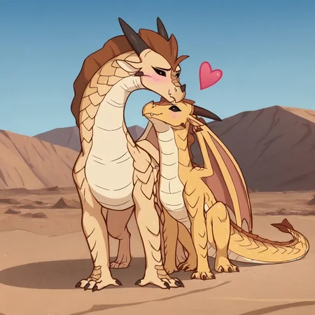 safe_pos, score_9, score_8_up, score_7_up, score_6_up, score_5_up, cartoon, anime screencap, anime coloring,, DerpixonXL,,  standing on all fours, 2girls, female, laying on ground, on belly, western dragon, 2 dragons, kissing, kiss, quadruped, desert, , Sandwing, duo, heart, love, cute fang,  yellow scales, dragon, scales, horns, black eyes, obsidian black eyes, wings, 