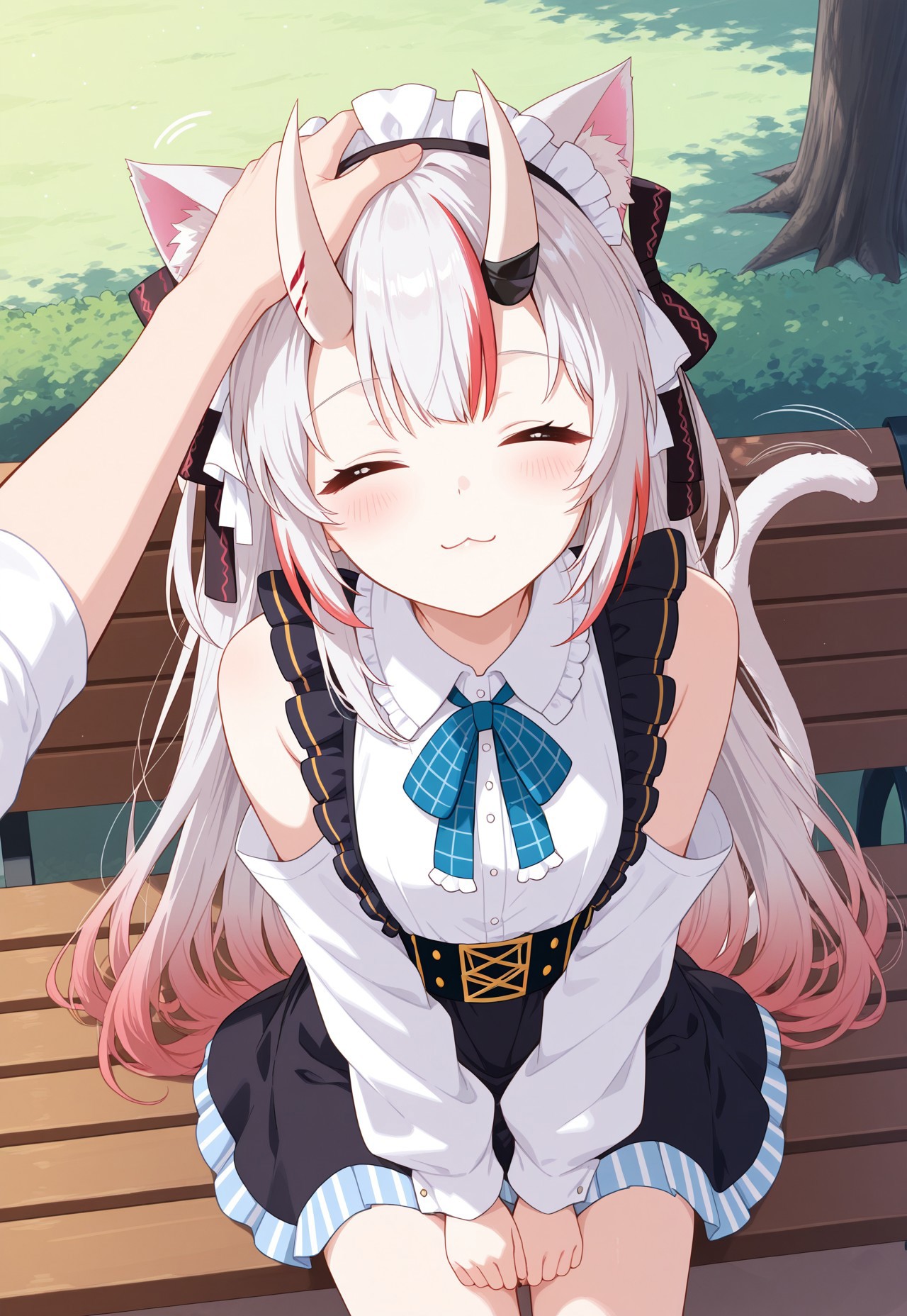 masterpiece, High quality, Ultra detailed, 2d, newest, absurdres, highres, outdoors, park, bench, 1girl, solo, nakiri ayame, oni, oni horns, white hair, red hair, streaked hair, gradient hair, cat ears, animal ear fluff, cat tail, ayamegirly, very long hair, hair ribbon, black ribbon, maid headdress,  white shirt, sleeveless shirt, detached sleeves, collared shirt, frills, neck ribbon, plaid ribbon, black skirt, sitting, on bench, looking up, wagging tail, closed eyes, = =, :3, pov, pov hand, headpat,