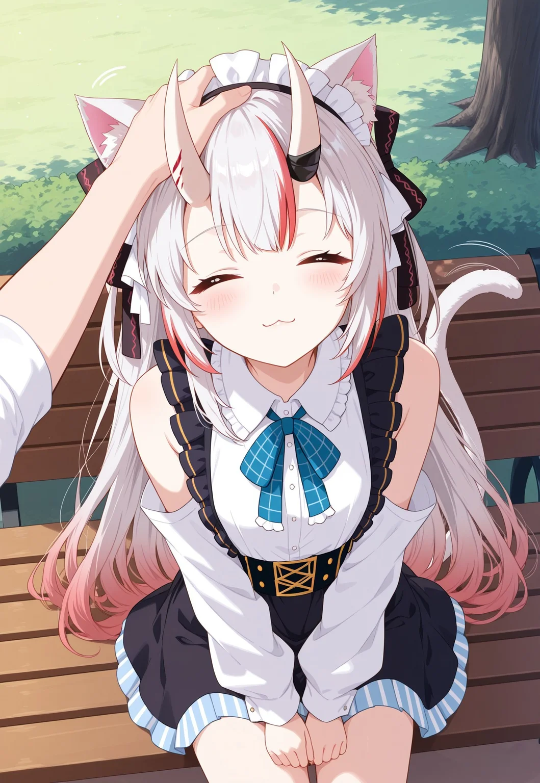 masterpiece, High quality, Ultra detailed, 2d, newest, absurdres, highres, outdoors, park, bench, 1girl, solo, nakiri ayame, oni, oni horns, white hair, red hair, streaked hair, gradient hair, cat ears, animal ear fluff, cat tail, ayamegirly, very long hair, hair ribbon, black ribbon, maid headdress, white shirt, sleeveless shirt, detached sleeves, collared shirt, frills, neck ribbon, plaid ribbon, black skirt, sitting, on bench, looking up, wagging tail, closed eyes, = =, :3, pov, pov hand, headpat,