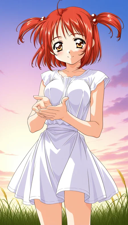 general,highres, ultra-detailed,very aesthetic,best quality ,best hands, BREAK <lora:Megumi_Spiral_NAMI_IS:1>Normal_Megumi, 1girl, red hair, short hair, hair bobbles, brown eyes, medium breasts, twintails, two side up, hair ornament,
smile,looking at viewer, cowboy_Shot,
grass, sky,