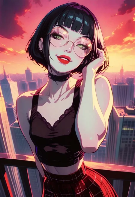 masterpiece, best quality, 32k, high resolution, absurdres, 1girl, Polly, PollyRH, short hair, bobcut, black hair, bangs, green eyes, small breasts, almost flat chest, slim, pale skin, big round eyeglasses, clear eyeglasses lenses, red lipgloss, HD32k, dynamic pose, aesthetic, perspective, solo, detailed eyes, sensual look, pinup pose, urban scenario, detailed background, black-red tint, sunset, sensual look,  goth attire, punk attire, black tank top,nipple peek, (red) tartan skirt, spiky wristbands, chocker,little smile, dynamic  view, fixing own hair