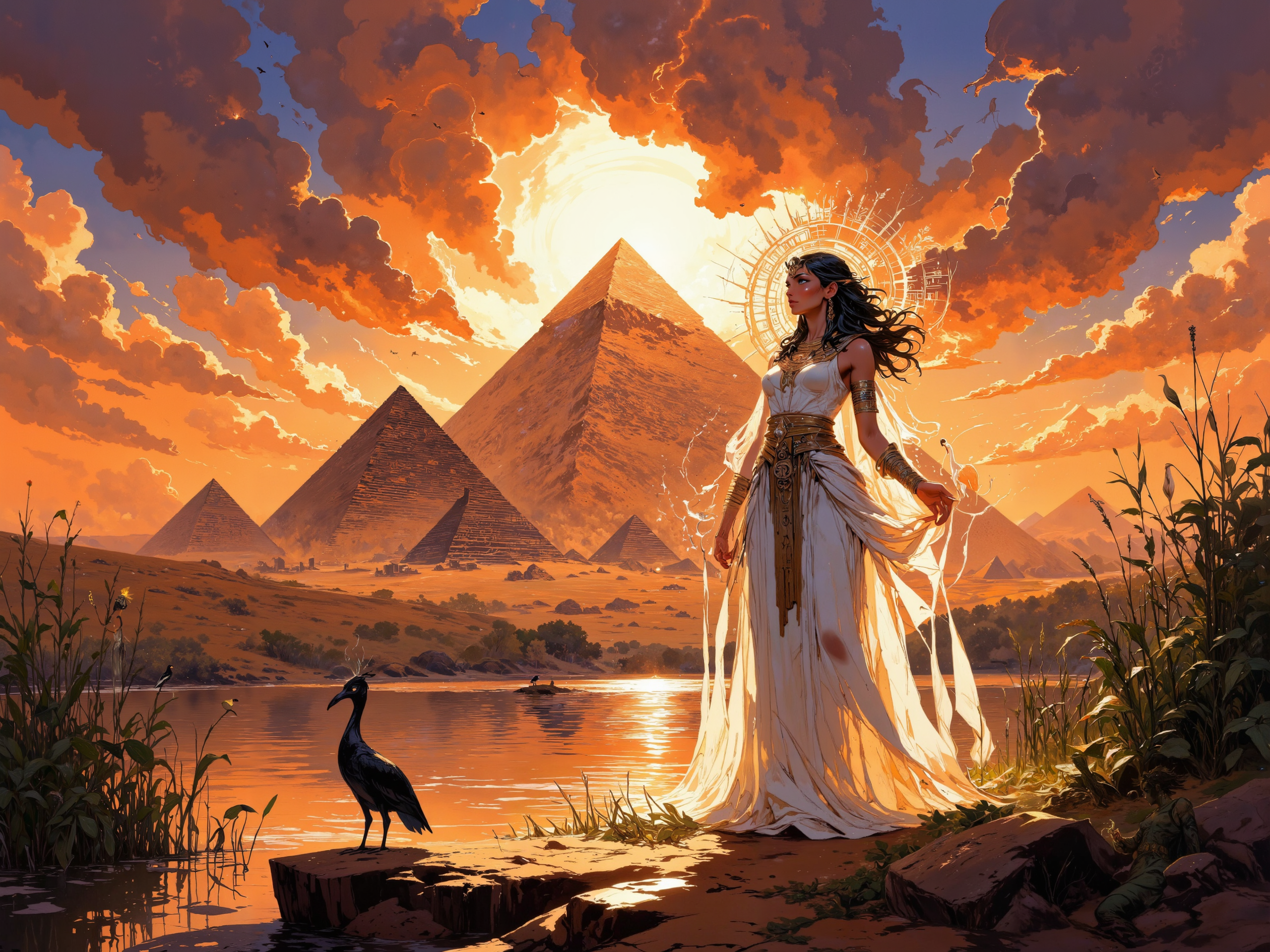 A dramatic scene depicting the Egyptian goddess Isis, adorned in a flowing white gown, standing by the banks of the majestic Nile river. Ankh symbol gleaming in her hand, with a luminous golden aura surrounding her. The hieroglyphic-engraved pyramids towering in the distance under a sunset sky painted with vibrant oranges and purples. Papyrus plants swaying in the gentle breeze, with a celestial ibis bird perched nearby, its silhouette sharp against the horizon. The scene is imbued with reverence and timeless grace, capturing the divine essence of ancient Egyptian mythology in intricate detail, 8k resolution, awe-inspiring masterpiece. <lora:Rainbow_on_black_style-000003:0.6> <lora:SameFace_Fix:0.5> <lora:Niji V2B:0.5> <lora:FLUX-daubrez-DB4RZ:0.7> <lora:Organic Sauce - FLUX:0.3> <lora:flux_dev:1>