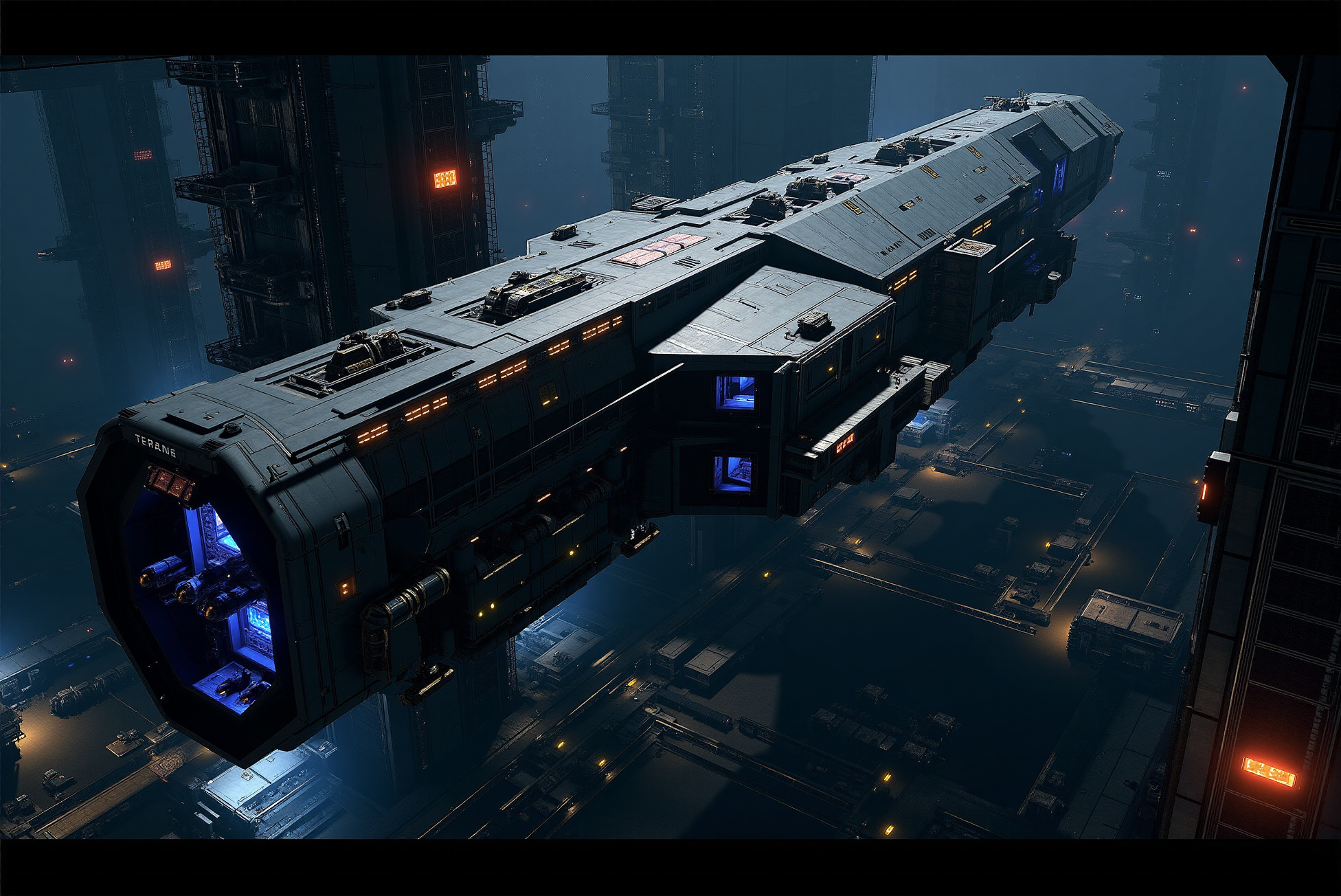 <lora:SpaceCraft_v.1:0.8> SPCCRFT style. A colossal starship hovers within the cavernous confines of an industrial space station, its heavily-armored hull exuding an aura of technological might and precision engineering. The vesselâs dark metallic surface is accented with sleek geometric paneling, illuminated by vibrant blue and amber lighting that traces along its edges, emphasizing the intricate design of its modular components. The name "TERRAN" is boldly emblazoned across the shipâs exterior, marking it as a formidable asset within an advanced fleet. The upper deck of the vessel is lined with a complex array of turret-mounted weapon systems, sensor arrays, and communications equipment, strategically positioned to provide both defensive capabilities and tactical superiority. Reinforced bulkheads and maintenance hatches dot the hull, suggesting a design optimized for durability and adaptability in deep-space operations. Along the sides, docking ports and cargo access points blend seamlessly into the vessel's angular silhouette, further reinforcing its multi-purpose functionality. Beneath the starship, the immense scale of the space station is evident, with towering docking platforms, maintenance scaffolding, and auxiliary vessels scattered across the scene. Dim ambient lighting and strategically placed spotlights cast dramatic shadows across the facility, while orange guidance lights and holographic indicators provide an operational sense of order and control. The vast infrastructure of the station, with towering support structures and sprawling corridors, hints at a hub of logistical activity, trade, and military operations. The composition follows a photorealistic sci-fi art style, with intricate detailing, atmospheric lighting, and a cinematic perspective that accentuates the vesselâs grandeur and strategic importance. The interplay of light and shadow, combined with the mechanical complexity of the scene, evokes themes of exploration, power projection, and the unrelenting pursuit of technological advancement in the vast reaches of space.