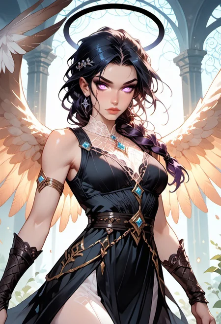 (score_9, score_8_up, score_7_up), ((zPDXL3)), ((zPDXLxxx)), ((face focus, eye focus, dynamic angle, motion)), 1girl, fantasy, Tarot Card Style, pin-up art, ((TRLCLAS, single braid, lips, large breasts, sleeveless)), ((aasimar_fallen, aasimar_scourge, glowing eyes, glowing tears, wings, feathered wings, huge wings, black halo, pin up art of a woman with large massive wings, very-pale skin, purple eyes, very-long black hair, braided hair, very-long braid, single long braid)), ((goth girl)), ((black halo)), (sexy clothes, black leather dress, pelvic curtain, black lace, cape), ((hourglass figure)), breathless intimacy, petite model bombshell, heart, young, delicate features, narrow pointy nose, tiny nose, lust, big eyes, seductive eyes, detailed skin, flared lashes, mascara, makeup, perky large breasts, athletic body, narrow waist, wide hips,
warm light, detailed, neon dark party, ((sexy pose)), dynamic pose,
BREAK
milky way, runes, arcane, astral, surreal, ethereal glow, masterpiece, best quality, intricate design. colorful, moonlit nightsky, stained glass aesthetic, moody whimsical color palette, murano glass, bold soldering lines, volumetric light shining through, crepuscular rays, intricate craftsmanship, detailed texture, luminous transparency, reflective light play, vivid hues, atmospheric depth, enchanting silhouette, art nouveau,