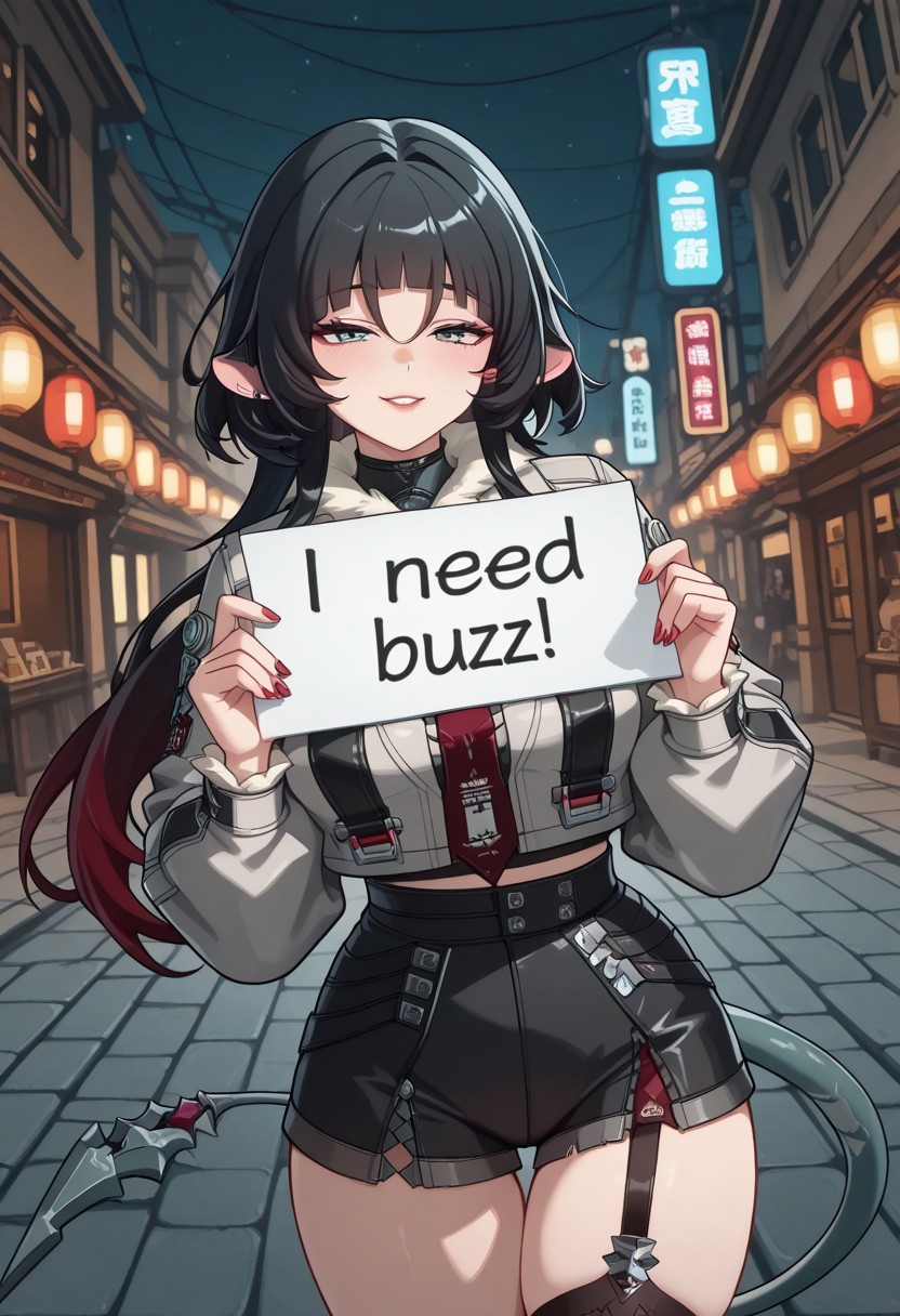 1girl, Expressiveh, KJOjane, long hair, black hair, aqua eyes, blunt bangs, tail, mouse ears, animal ears, multicolored hair, red colored tips, jane_doe_\(zenless_zone_zero\), <lora:jane-doe-ponyxl-lora-nochekaiser:1>, jane doe, animal ears, thigh gap, red nails, nail polish, mouse ears, mouse tail, green-grey eyes, black hair, large breast, blunt bangs, femme fatale, femme fatale look, cunning look, half closed eyes, singular visible back tied red streak, on a street, night sky, need_buzz, holding sign