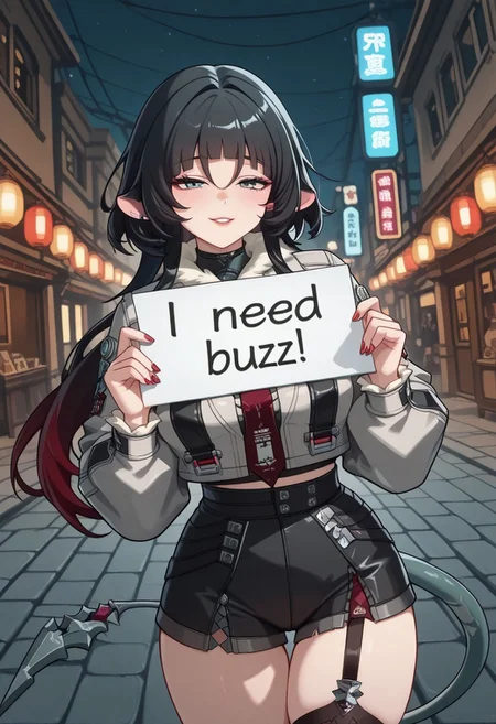 1girl, Expressiveh, KJOjane, long hair, black hair, aqua eyes, blunt bangs, tail, mouse ears, animal ears, multicolored hair, red colored tips, jane_doe_\(zenless_zone_zero\), <lora:jane-doe-ponyxl-lora-nochekaiser:1>, jane doe, animal ears, thigh gap, red nails, nail polish, mouse ears, mouse tail, green-grey eyes, black hair, large breast, blunt bangs, femme fatale, femme fatale look, cunning look, half closed eyes, singular visible back tied red streak, on a street, night sky, need_buzz, holding sign