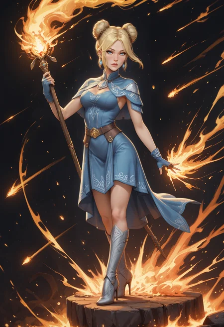 score_9, score_8_up, score_7_up, score_6_up, score_5_up, photorealism, fantasy
BREAK 1girl, cynngw, mature female, blonde hair, double bun, blue eyes, earrings, blue dress, capelet, fingerless gloves, high heeled boots, holding staff, magic user, fire manipulation, firestorm, meteor, flames, burning, explosion
<lora:CynnGW_ponyXL_v10:1> <lora:FlashfireGlowingRunes_ponyXL_v10:0.5> <lora:Guweiz_ponyXL_v10:0.6> <lora:tdp_ponyXL_v10:0.8>