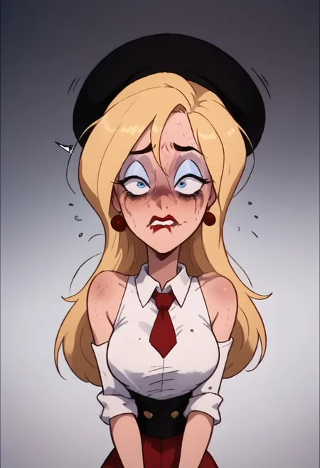 score_9, score_8_up, score_7_up, score_6_up, score_5_up,Doris Deer, 1girl, solo, blue eyes, black beret, makeup, blue eyeshadow, green eyes, red lips, lipstick, black sleeveless sweater, collared shirt, red necktie, earrings, red skirt, black heels, Doris Deer, blonde hair, long hair, makeup, lipstick, young, skinny, narrow waist, fragile,middle breasts, seeing stars, dizzy eyes,confused, on her fours, submissive, looking right, blue eyes, orange long hair, one eye higher than another, twisted mouth, messed hair, messy hair, destroyed face, destroyed body, awful skin face,  long hair, makeup, lipstick, young, skinny, narrow waist, fragile, sexy, perfect body,dynamic pose, posing,  wounds, hit herself,  selfharm, self harm, wounds on face, wounds on body, extreme amount of wounds, wounds everywhere, tired, tired af, extremely tired, tired eyes, huge amount of tireness, absolutely tired, wants to die, almost die, eternally tired, pain, feeling pain, feeling strong pain, powerless, extremely tired eyes, bags under eyes, shiners, stupid, dumb, extremely stupid, extremely dumb, no brain, brain damage, stupid blonde, extremely stupid blonde,  blue eyes, eye twitching, nervous eye twitching, extremely hard eye twitching, totally burnt hair, sexy, horny, scared, in love, extremely dirty dress, hardly beaten fifty times, confused, deeply humiliated face, depressed face