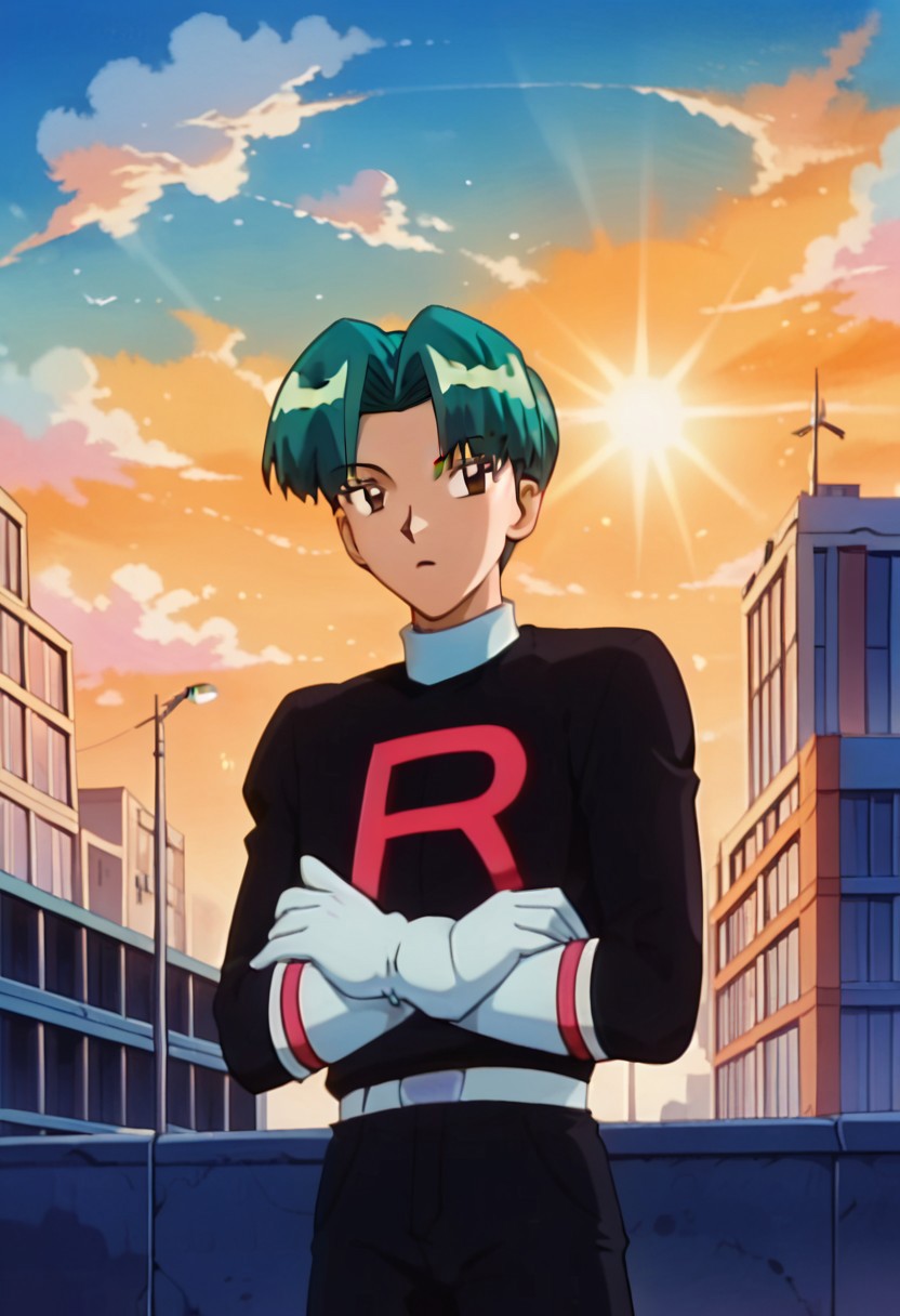 uncensored, score_9__up, score_9, score_8_up, score_8, score_7_up, score_7, score_6_up, score_6, score_5_up, source_anime, anime screencap, retro artsyle, 1990s (style),
PKMNButch, 1boy, Green Hair, brown eyes, short hair, bangs,
team rocket, black shirt, white gloves, black pants, standing, arms crossed, upper body
outdoor, sky, clouds, sun's ray, sun, day, harsh sunlight, cityscape, trees, lamp post, buildings