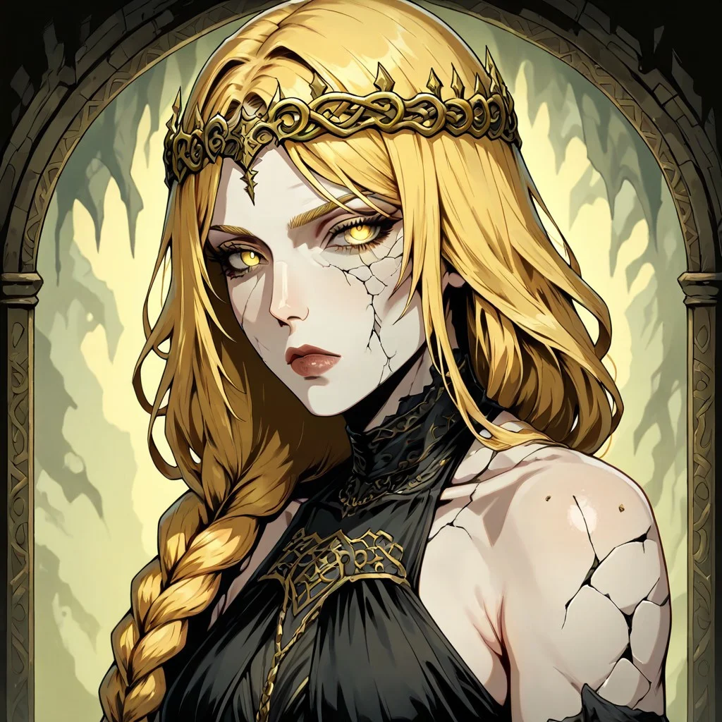 masterpiece, best quality, newest, absurdres, highres, FCMXV1.0, 1girl, queen marika the eternal (elden ring), bare shoulders, black dress, circlet, gold circlet, cracked skin, halter dress, halterneck, long hair, yellow eyes, braid, braided hair, long braid, blonde, blonde hair,