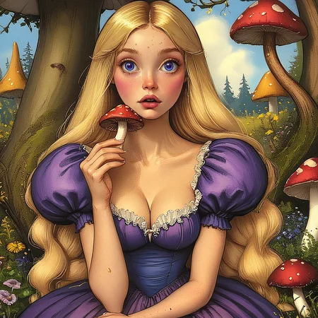 <lora:Wonderland:1> ArsMJStyle, Wonderland, The image shows a painting of a girl with long blonde hair wearing a purple dress holding a mushroom in her hands. In the background there are trees plants flowers and a sky., mushroom, 1girl, blonde hair, freckles, long hair, blue eyes, solo, dress, flower, breasts, sitting, lips, tree, puffy sleeves, medium breasts
