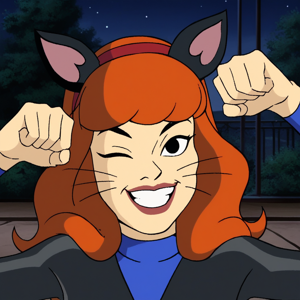 score_9, score_8_up, score_7_up, score_6_up, BREAK, h4ll0d4ph, black bodysuit, animal ears, whiskers, 1girl, solo, winking, grin, close up, cat pose, looking at viewer, night, low light, <lora:h4ll0d4phV1:1>  <lora:Anime Summer Night Style SDXL_LoRA_Pony Diffusion V6 XL:0.2>