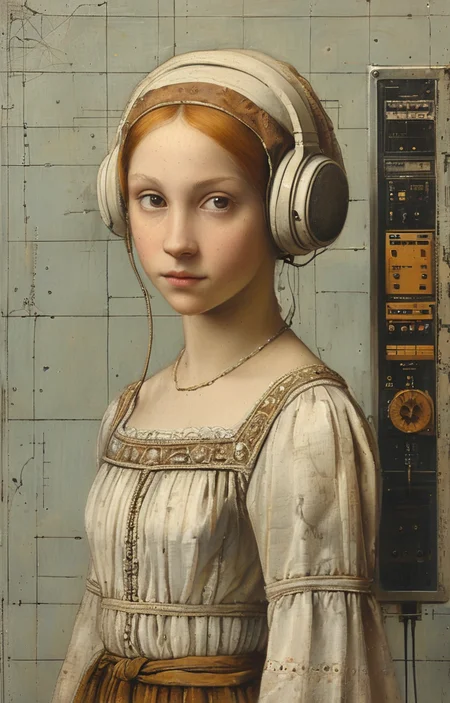 masterpiece,best quality,<lora:tbh184-sdxl:0.8>,illustration,style of Antonello da Messina, tech genius teenage girl