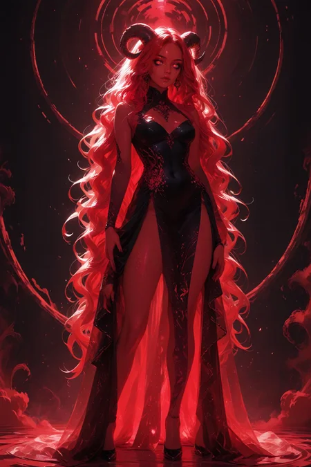 looking at viewer,detailed background,Cinematic Lighting,film grain,score_9,score_8_up,score_7_up,masterpiece,best quality,highly detailed,
<lora:(增强)sdxl_lightning_8step_lora:1>,<lora:glowneon_xl_v1:1>,glowing,<lora:ExpressiveH:0.8>,Expressiveh,<lora:hand 4:1>,hand person,<lora:th3rm4lXLP:0.6>,th3rm4l,colorful,
1girl,full body,solo,flowing hair,glowing red eyes,curved ram horns,sharp ears,red skin,demoness,(big ass, round ass:1.1),cradling a black sheep,limited red palette,monochromatic,eerie atmosphere,seductive,makeup,eyeliner,eyeshadow,dark background,neon,contour light,dynamic scene,detailed,masterpiece,wide angle,
